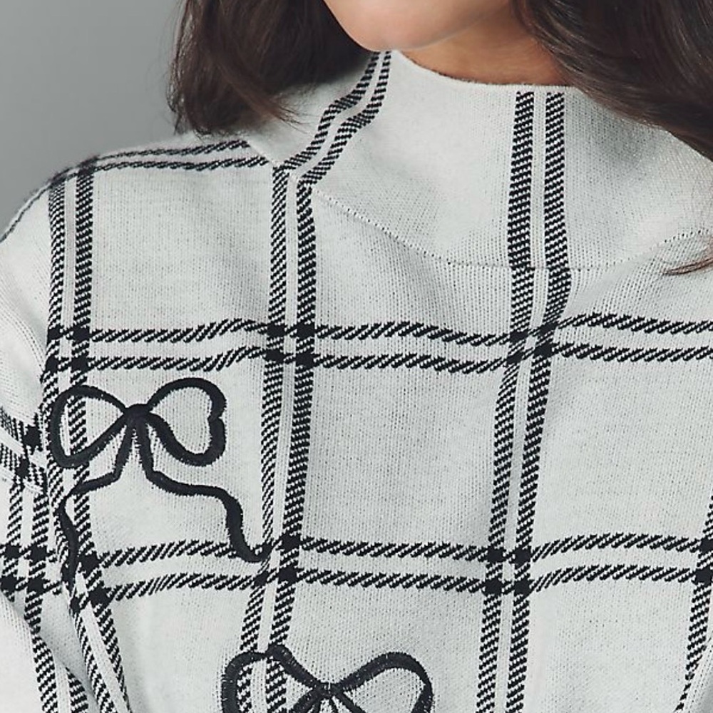 Anthropologie Maeve Carys Mock Neck Sweater Black Off White Bow Size Small New - Picture 5 of 10